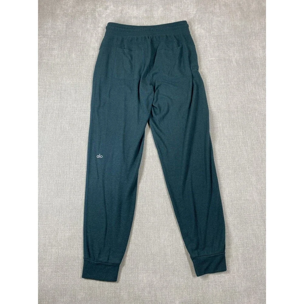Alo Yoga Soho Sweatpants Womens Medium Green Knit Joggers Elastic Pockets Lounge
